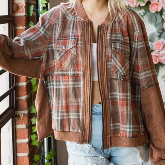 Oli and Hali Brown Mineral Washed Distressed Shacket